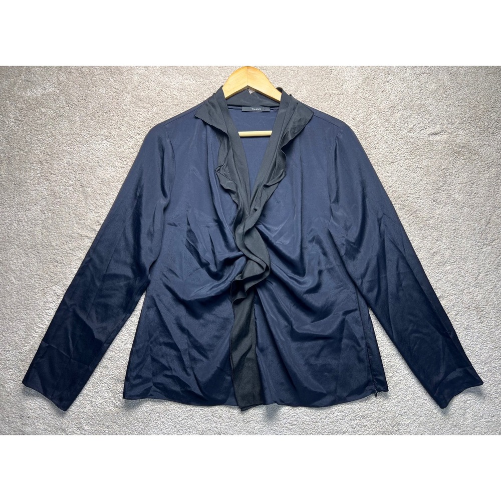 Tahari Women's Navy Blue Drape Front Ruffle Blouse Long Sleeve Top‎ Semi Sheer L